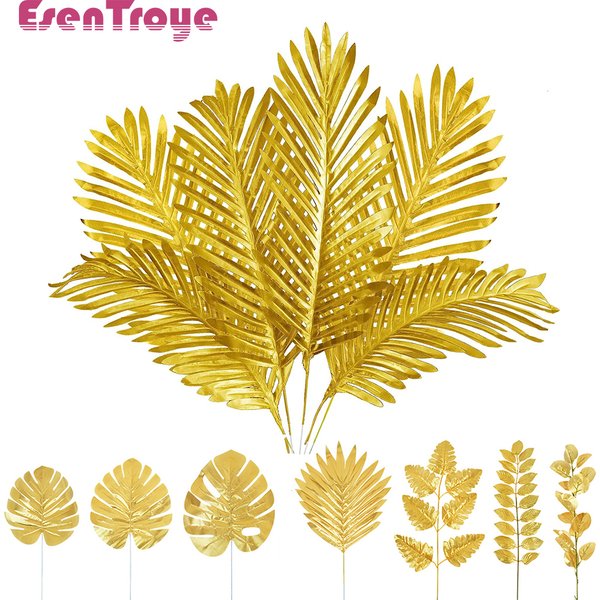 Feuilles de palmier artificielles dorées, fausses plantes tropicales réalistes pour décoration de Table de maison, décor de fête d'anniversaire de mariage hawaïen dans la Jungle