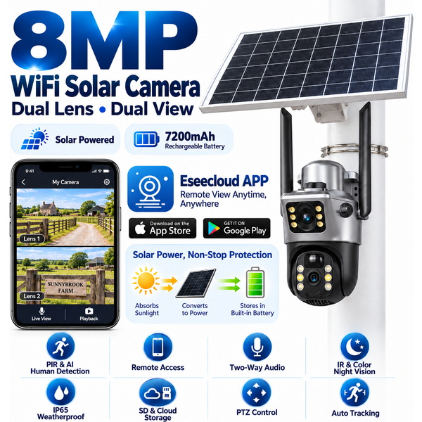 Solarbetriebene WLAN-Sicherheitskamera mit Doppellinse, PIR-Bewegungserkennung, Farb-Nachtsicht, Zwei-Wege-Audio, Wasserdicht IP66