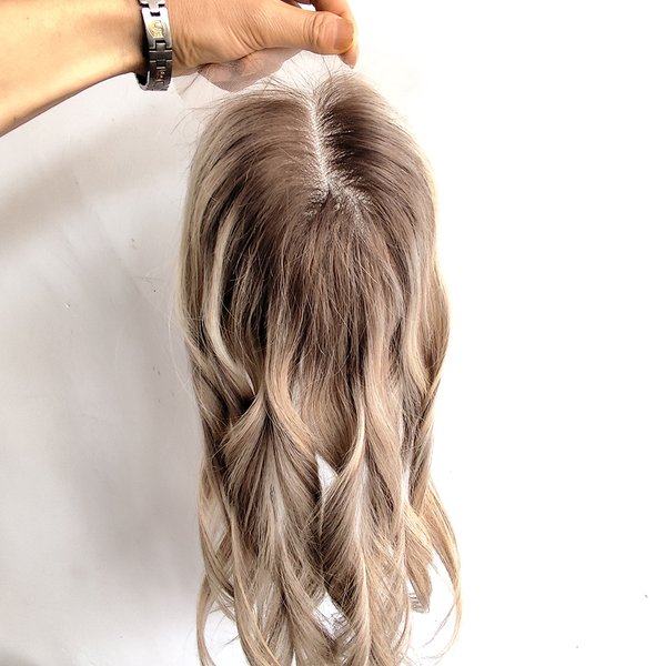 Topper en dentelle 6x7 en cheveux humains, blond foncé ondulé avec clips, base en dentelle respirante, pour la perte de cheveux et les cheveux clairsemés