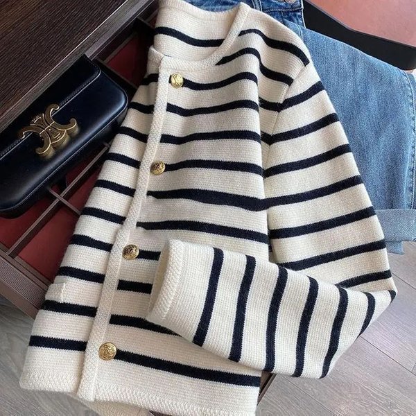 Femmes printemps automne chandails col rond rayure tricoté Cardigan mode à manches longues décontracté hauts courts Style coréen nouveau