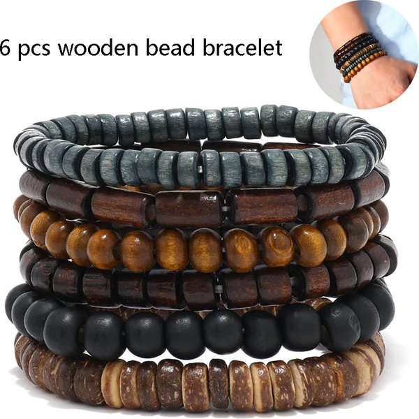 6 pièces/ensemble mode hommes Bracelet de perles à la main Style Vintage multicouche fil extensible perle de bois coquille de noix de coco Bracelet à breloques