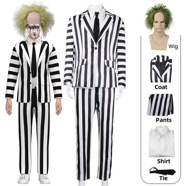 Costume de Cosplay de jus de film, veste à rayures noires et blanches, ensemble chemise et pantalon, tenue d'halloween pour hommes et adultes