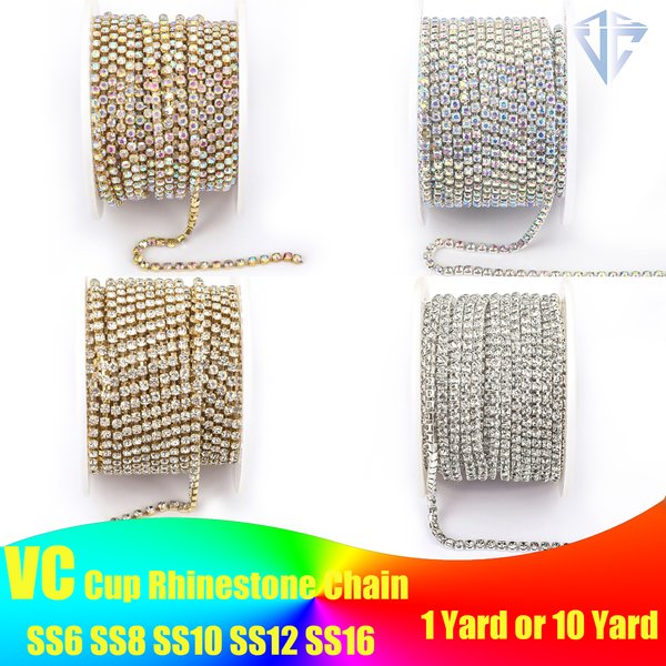 1 Yard 10 Yards/Rolle SS6-SS16 Glitzer-Kristall-Strasskette zum Aufnähen oder Aufkleben für Kleidung, DIY-Bekleidungszubehör, Zierkette, Cup Chain
