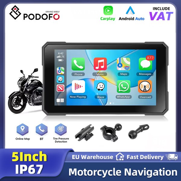 Podofo 5-calowy Przenośny Monitor Motocyklowy Bezprzewodowy Carplay Android Auto Nawigacja GPS Smart Player Wodoodporny IP67 Wielofunkcyjny Ekran Wyświetlający do Jazdy Motocyklem