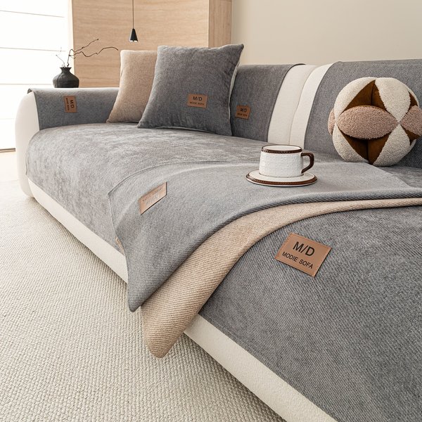 Housse de canapé en sergé teint en fil avec étiquette en PU, housse de siège universelle antidérapante et adaptée aux animaux, serviette de canapé pour toutes les saisons
