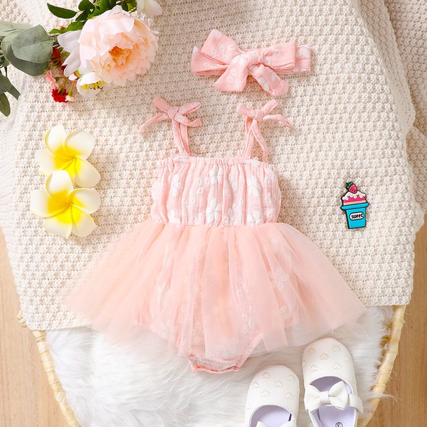 Vêtements pour nouveau-né fille de 0 à 18 mois, barboteuse rose à bretelles, robe Tutu en Tulle avec bandeau, tenues