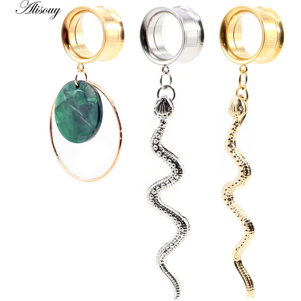 Alisouy Lot de 2 Dilatateurs d'oreille en acier inoxydable avec pendentif serpent et bouton en acrylique vert, Bijoux de piercing