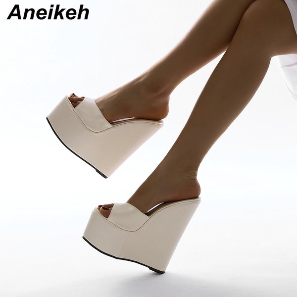 Aneikeh 2025, modische Peep-Toe-Keile, Absatz außen, Damen-Hausschuhe, prägnante PU-Plattform, zum Hineinschlüpfen, Sommer-Strand-Pantoletten, Aprikose, 35–42