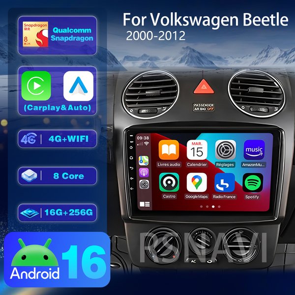 Lecteur multimédia Android 16 avec écran 2K pour VW Volkswagen Beetle 2000-2012, autoradio stéréo, Carplay, autoradio, BT, vidéo