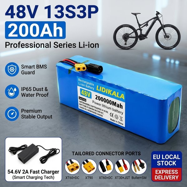 48V 200Ah 200000mAh Lithium-Batterie 13S3P 2000W Spitzenleistung Li-Ionen-Akkupack mit intelligentem BMS für E-Bike und Scooter