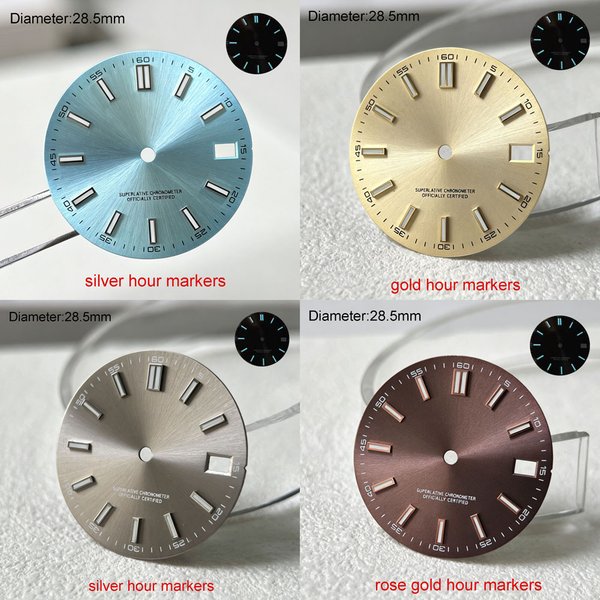 28,5 mm S-Logo NH35 Zifferblatt Olivgrün Blau Grau Sunburst-Zifferblatt für NH35-Uhrwerk Blaue Leuchtzeiger NH35 Datum_Just S-Zifferblatt WatchMods