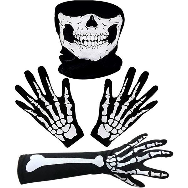Halloween White Skeleton Gloves and Skull Face Mask for Adult Horror Costume Party Scary Ghost Cosplay Dress-up Supplies