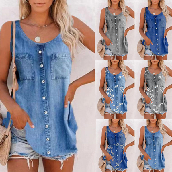 Summer New Tank Tops Fashion Loose O Neck T-shirts Imitation Cowboy Vest Women Casual Sleeveless Tops Blouse Street Wear