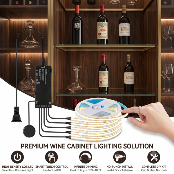 Sterowanie synchronizowanym dotykowym ściemnianiem, taśma LED COB 320LED/M z czarnym zasilaczem do kuchni, spiżarni, witryny, sypialni, szafy, podświetlenia.