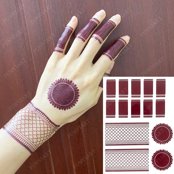Maroon Henna Tattoos for Hand Waterproof Temporary Tattoos Women Wedding Body Art Mehndi Stickers Fake Tattoo Lace Hena Tatoo