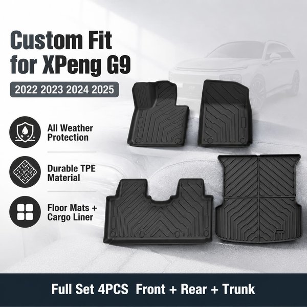 Tapis de sol pour voiture + doublure de coffre de chargement, ensemble de 4 pièces en TPE sur mesure pour XPENG G9 2022-2025, accessoires écologiques, inodores et imperméables pour sol et coffre de