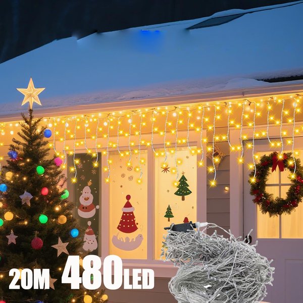 20 m, 480 LEDs, Eiszapfen-Vorhang-Lichterkette, Weihnachten, 40 Tropfen, 8 Modi, wasserdicht, zum Einstecken für Urlaub, Hochzeit, Party, Hausgarten