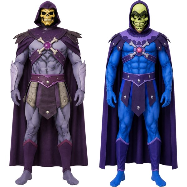 AwwwCos Skeletor Cosplay-Kostüm, bedruckter Ganzkörperanzug, lila Kapuze, Umhang, Gürtel, komplettes Set für Halloween, Film, Karneval, Party