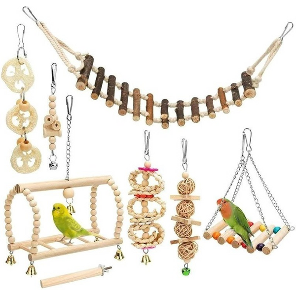 8PCS Set Kombination Papagei Vogel Spielzeug Holz Artikel Biss Haustier Vogel Spielzeug Für Papagei Ausbildung Vogel Spielzeug Schaukel Ball glocke Stehend