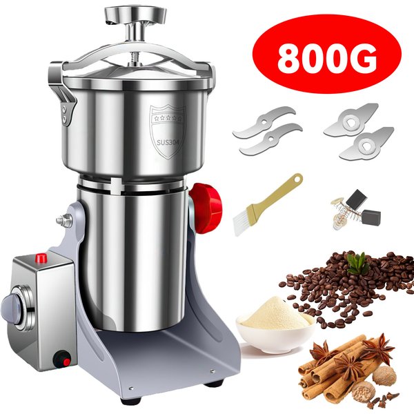Moulin à grains électrique haute vitesse 3500W, capacité 800g, en acier inoxydable 304, broyeur multifonctionnel pour poudre, herbes, épices, céréales, avec protection contre les surcharges, contrôle