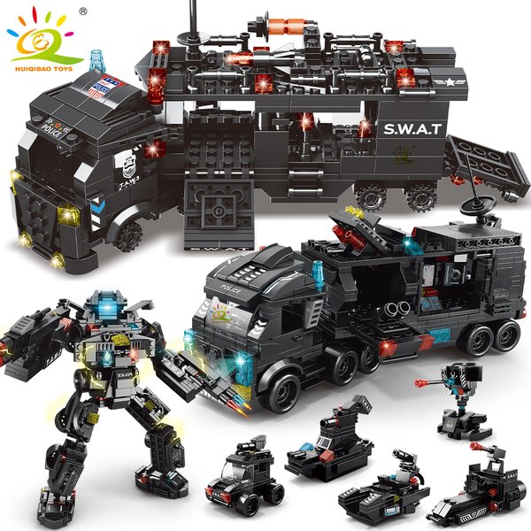 HUIQIBAO 454-585 pièces 8in1 SWAT camion de commandement de Police blocs de construction hélicoptère de ville briques Kit jouets éducatifs pour les enfants