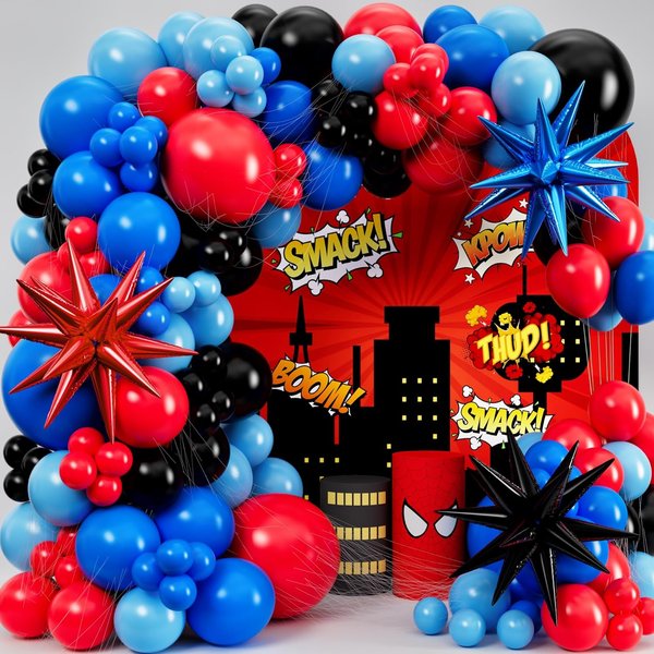 Guirlande de ballons en latex noir, rouge et bleu, kit d'arche de ballons sur le thème des araignées pour les décorations de fête d'anniversaire de super-héros Spidy pour hommes
