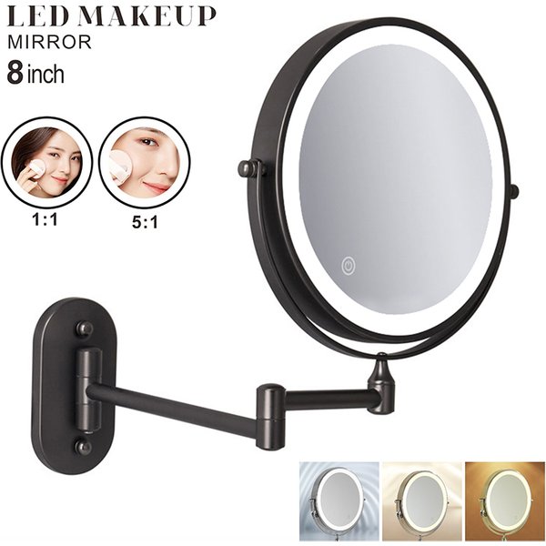 Miroir de maquillage mural de 8 pouces, noir, grossissement 3X-10X, lumière LED 3 couleurs, double face, miroir de salle de bain intelligent pour le rasage et les cosmétiques