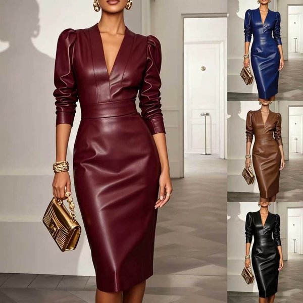 V-Ausschnitt PU-Leder Midikleid Damen Langarm Bodycon Etuikleid Abendkleid für Partys