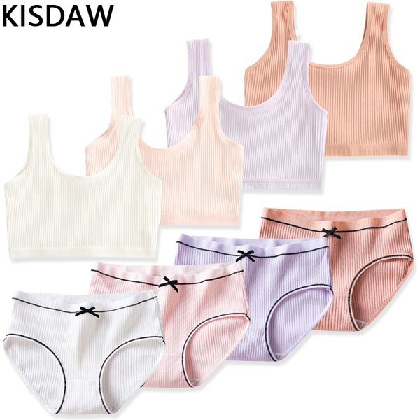 1/4 Set Cotton Girls Panties And Bras Sets Teenage Girls Cotton Training Bra Panty Set Solid Kids Sports Bra Briefs Underwear