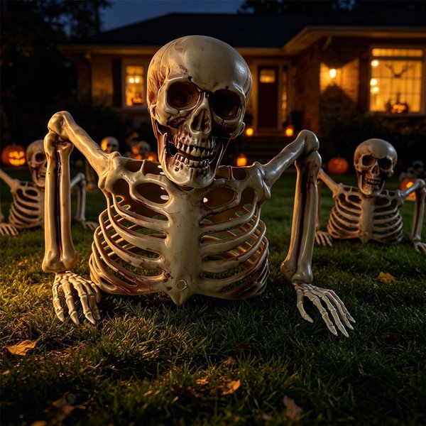 Halloween Halbkörper-Skelett-Dekoration - Realistischer Plastikschädel mit Armen - Gruselige Friedhof-Geisterhaus-Requisite