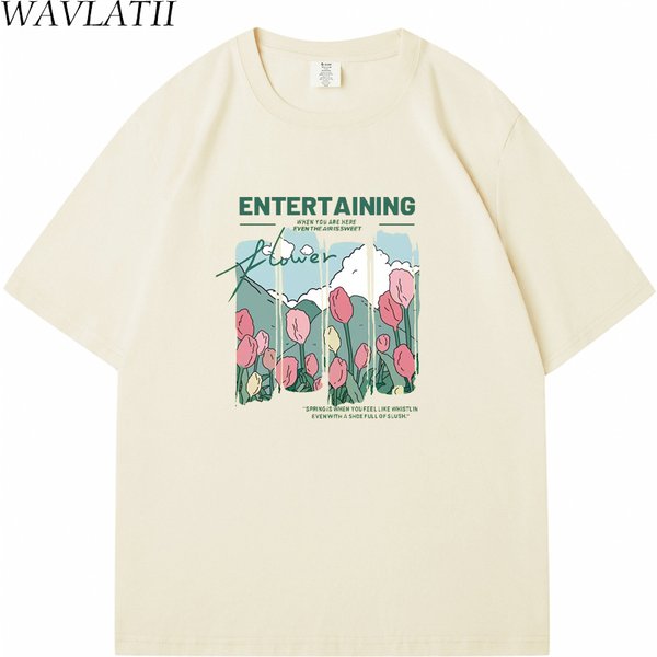 WAVLATII – t-shirts imprimés de fleurs pour femmes, Streetwear Beige, t-shirts d'été décontractés à manches courtes, WT2329