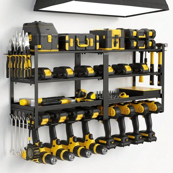 Organiseur d'outils mural à 4 niveaux, support de rangement pour outils en acier carbone épaissi avec 8 supports pour perceuses, support mural multi-fentes pour outils, rangement robuste pour garage,