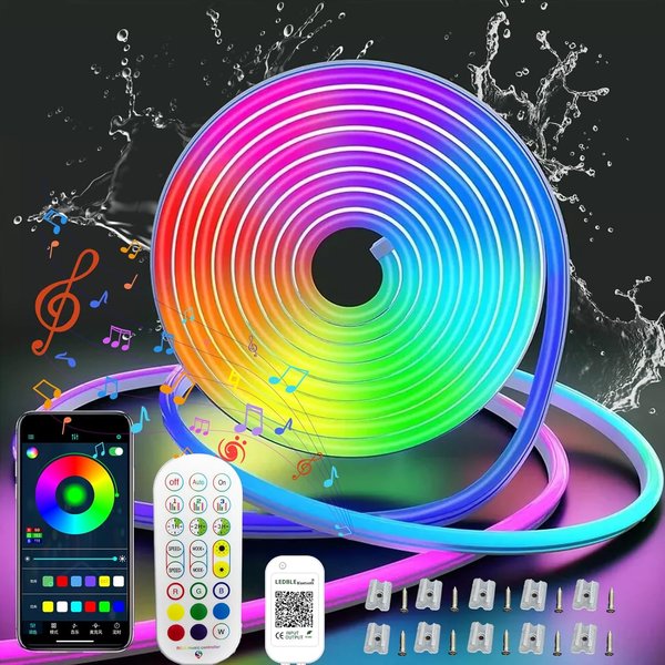 Bande lumineuse Led néon RGB, bande lumineuse d'extérieur étanche avec synchronisation de la musique, lumières Led pour chambre à coucher avec télécommande et application
