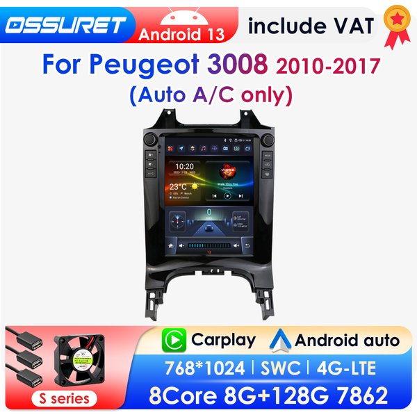 2 DIN Android 13 Autoradio für Peugeot 3008 2010–2017 Auto A/C nur Auto Multimedia Stereo 9,7 Zoll vertikaler Bildschirm Carplay 7862