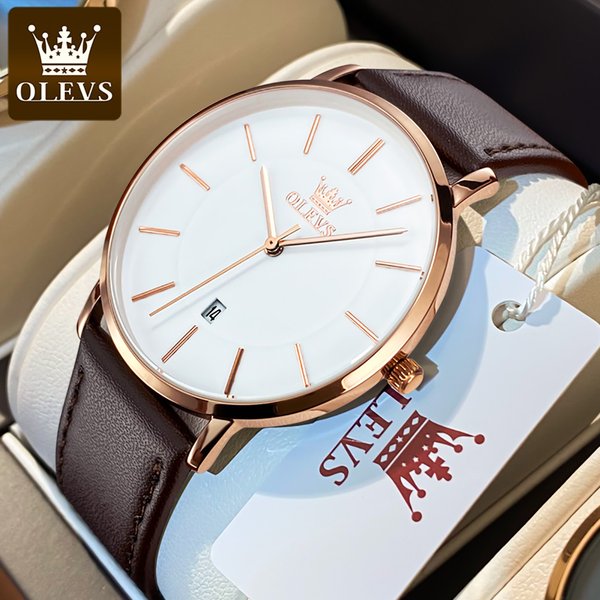 Top marque OLEVS Ultra mince 6.5mm minimaliste mode montre à Quartz pour hommes bracelet en cuir Date automatique mâle étanche montre-bracelet pour hommes
