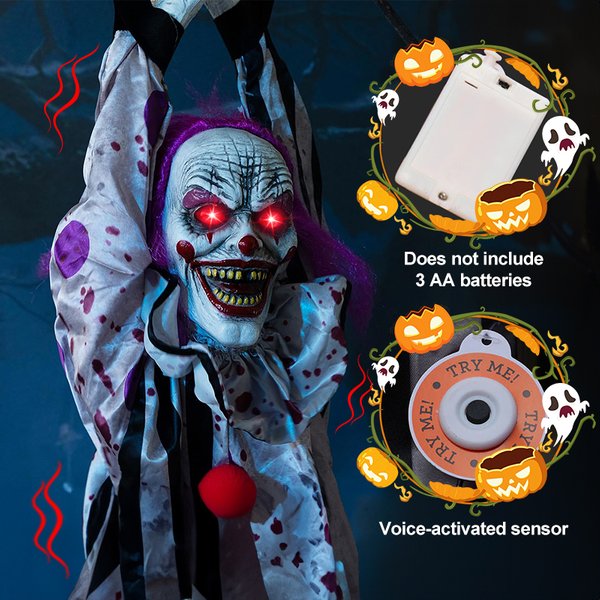 F2 Halloween Animatronic Gruselige Clown-Dekoration mit roten Augen, Sound- und Touch-Aktivierung, elektrisch hängender animierter sprechender Horror