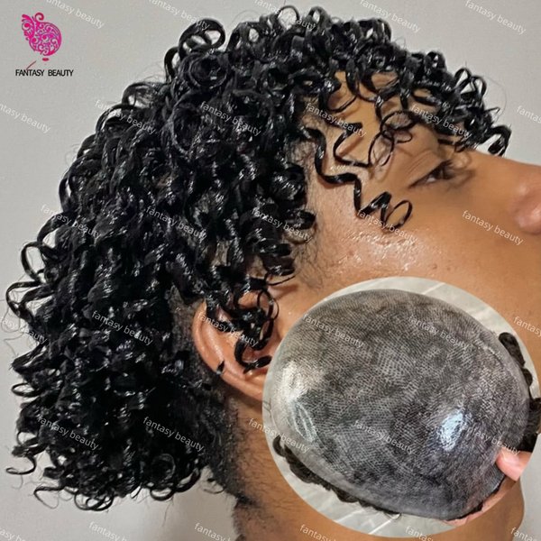 Prothèse capillaire homme noir/gris 100% cheveux humains, style afro bouclé 18MM, base en PU injecté durable, pour perruque masculine