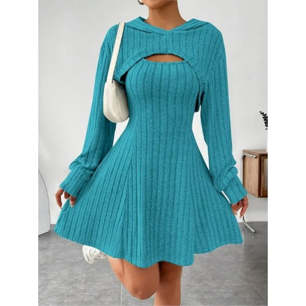 Robe tricotée pour femme, costume à manches longues, haut à capuche + élégant, sans manches, ligne a, ensemble 2 pièces, mode automne hiver