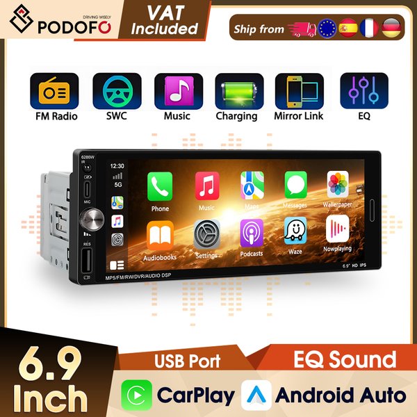 Podofo 1DIN Kabelloses Carplay Auto-Multimediaplayer Android Auto Mirror Link Universeller Auto-MP5-Player BT FM-Radio EQ USB TYPE-C