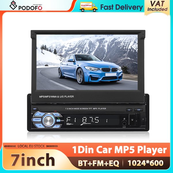 Radio samochodowe Podofo 1Din z 7-calowym HD ekranem dotykowym, funkcją Mirror Link, odtwarzacz multimedialny Bluetooth FM USB AUX Audio EQ MP5
