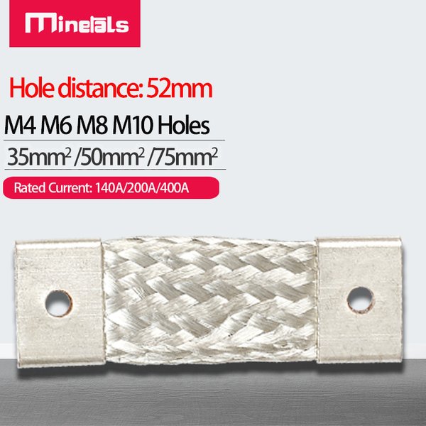 Soft Bus Bar 140A 200A 400A 52mm Hole Distance M4 M6 M8 M10 Flexible Busbar 35mm2 50mm2 75mm2 Battery Band Copper Braided Strap