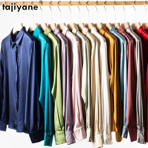 Tajiyane femmes 93% soie de mûrier 7% Spandex 19 momme satin soie boutons chemise à manches longues haut chemisier bureau travail chemise femme