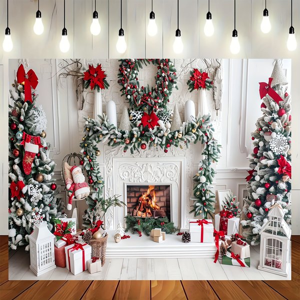 Weißer Weihnachtskamin-Fotohintergrund, Weihnachtsfotografie-Hintergrund, Weihnachtsfeier, Banner, Dekoration, Fotohintergrund