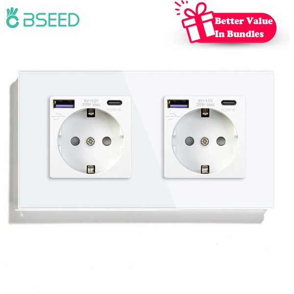 BSEED Wand-Doppelsteckdosen, Glas-Telefonladung, 20 W, USB-C-Buchse, 16 A, EU, 110 V-240 V, Steckdose, Schnellladung, Typ C, Wandmontage