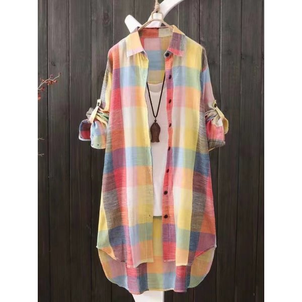 Casual Plaid Cotton Mid Length Shirt Fashion Women Loose Button 2023 Fall Blouse Long Sleeve Winter Sunscreen Plaid Shirt