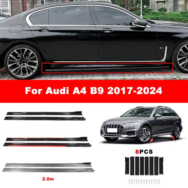 Pour Audi A4 B9 2017-2024 : Extensions de jupes latérales, Spoiler latéral allongé, Kit carrosserie sport, Lame de pare-chocs, Pièces modifiées (8 pièces)
