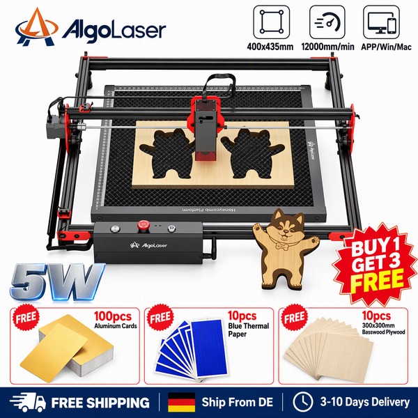 AlgoLaser 5W Laser-Graviergerät DIY-Kit Desktop-Graviermaschine mit 10 Holzstücken 100 Goldkarten Kostenlose APP-Steuerung 12000mm/min für Holz Leder Metall 400x435mm