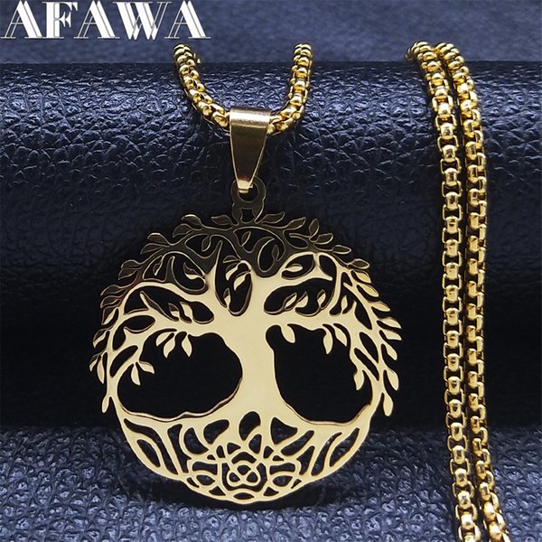 Mode Baum des Lebens runde Halskette für Frauen Männer Edelstahl Gold Farb kette Halsketten Schmuck arbre de vie n3399s02