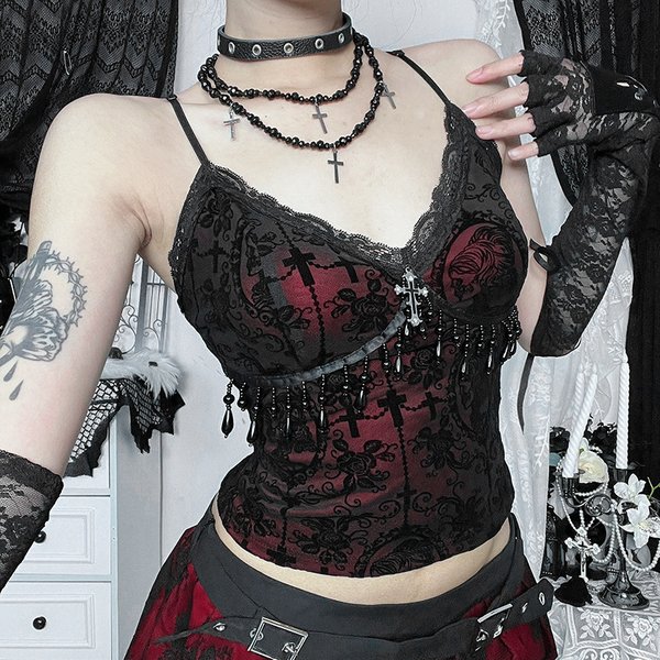 Vintage Mall Gothic Beflockung Leibchen Frauen Ästhetische Fairycore Grunge Y2k E-mädchen Spitze Patchwork Perlen Crop Tank Tops