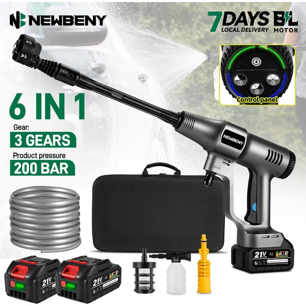 NEWBENY 6 IN 1 3500W 200Bar Bürstenloser Elektrischer Hochdruckreiniger Kabellos Effizienter Auto- und Gartenreiniger Sprühpistole Für Makita 18-21V Akku